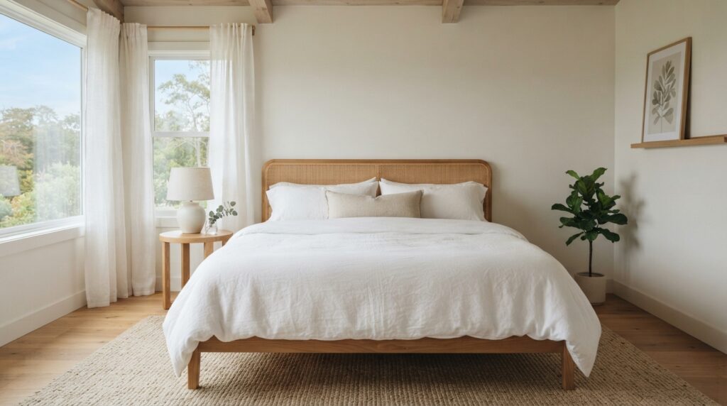 calm minimalist bedroom with a neatly made bed in warm neutral tones