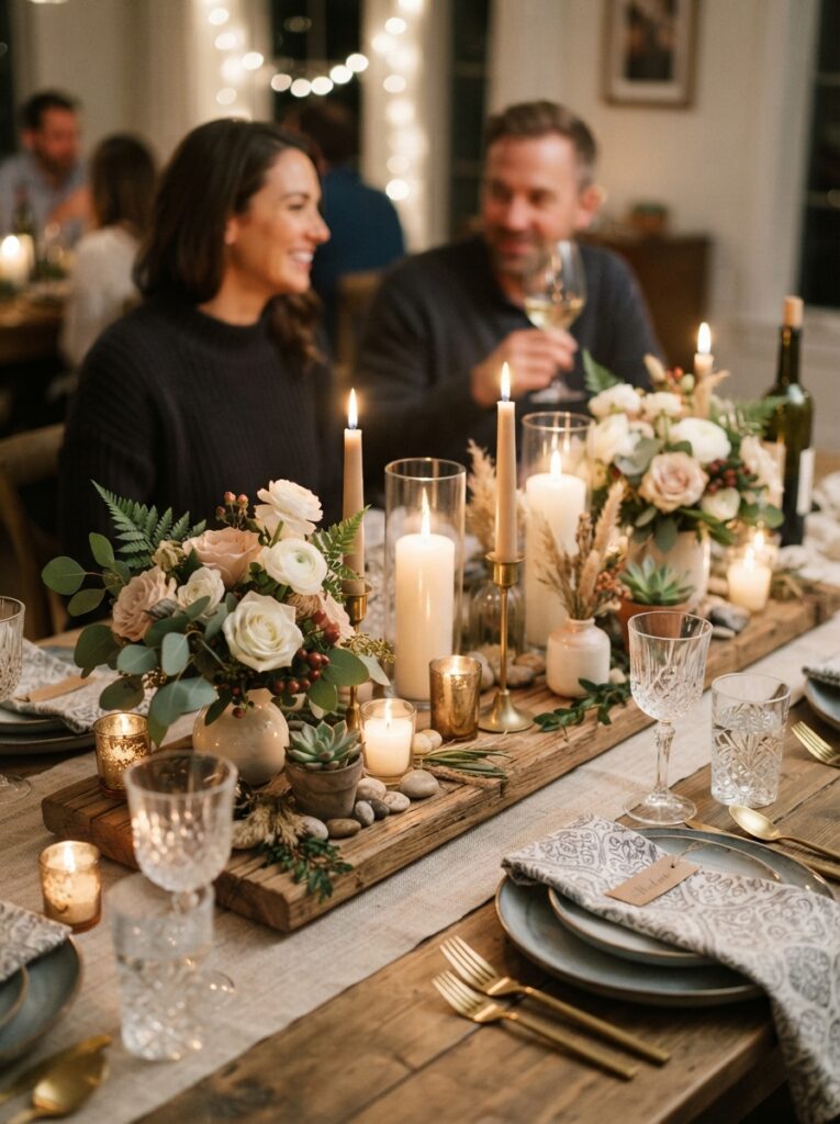 low candle and centerpiece styling on a dining table that keeps sightlines clear