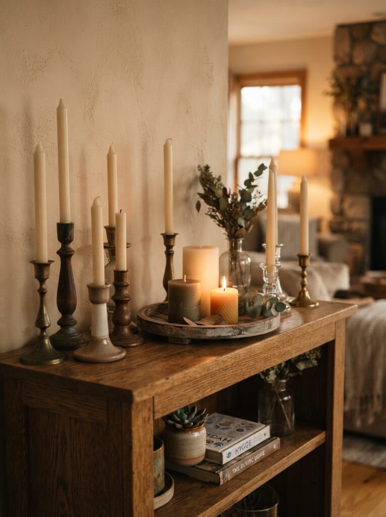 candles in varying heights adding warmth to a styled shelf