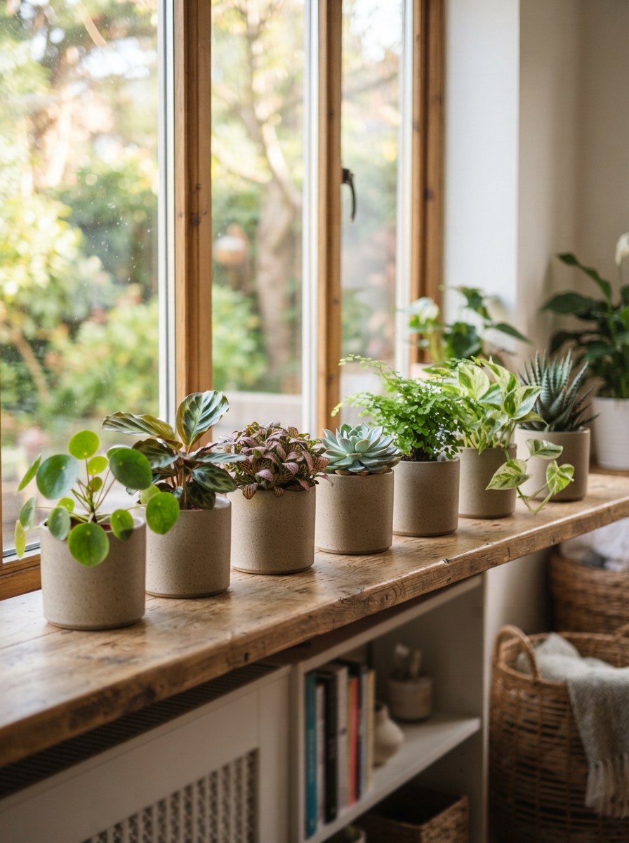 Row of matching neutral ceramic pots holding different plants