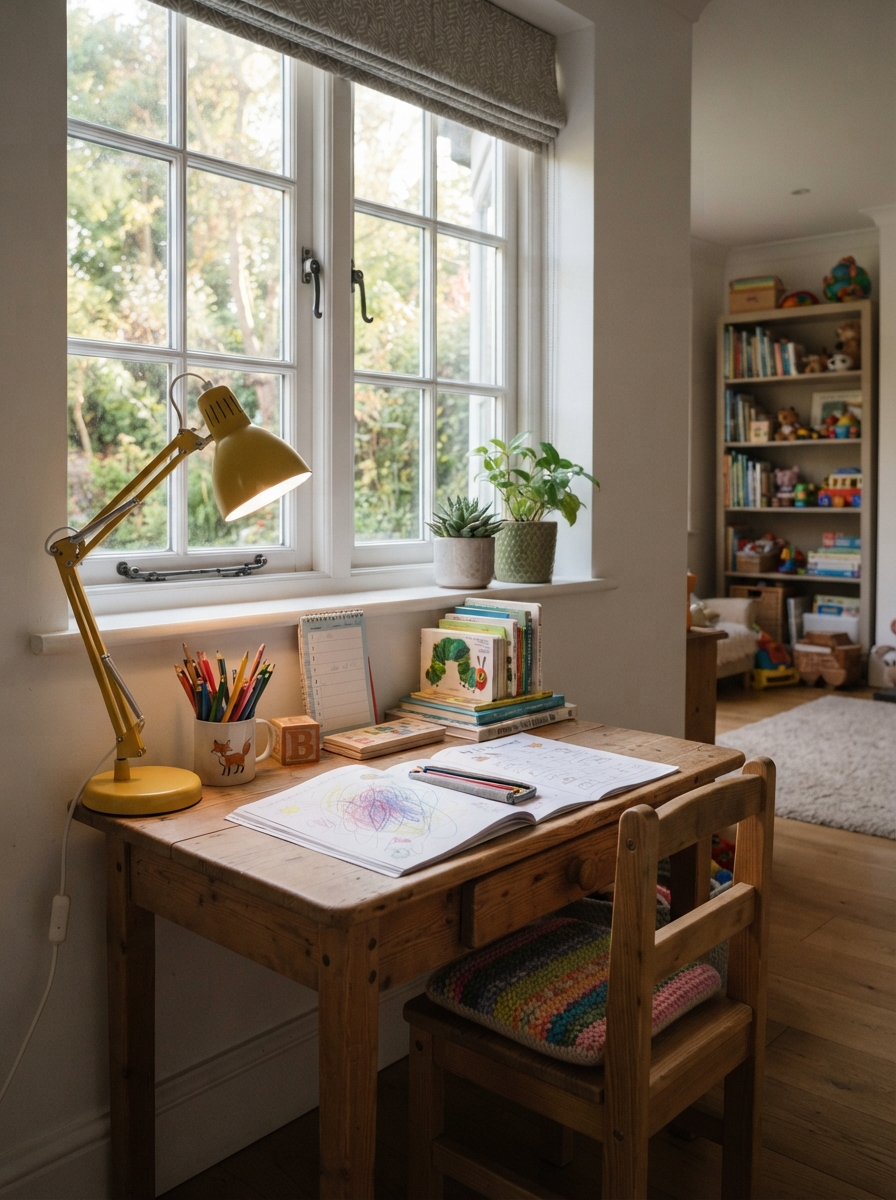 Children's desk with colored pencils