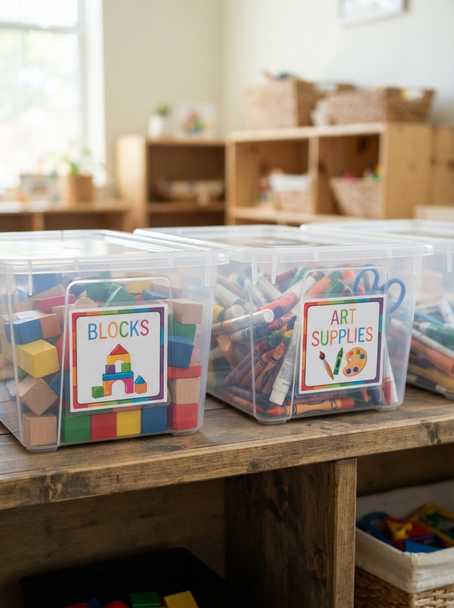 Clear storage bins with labels