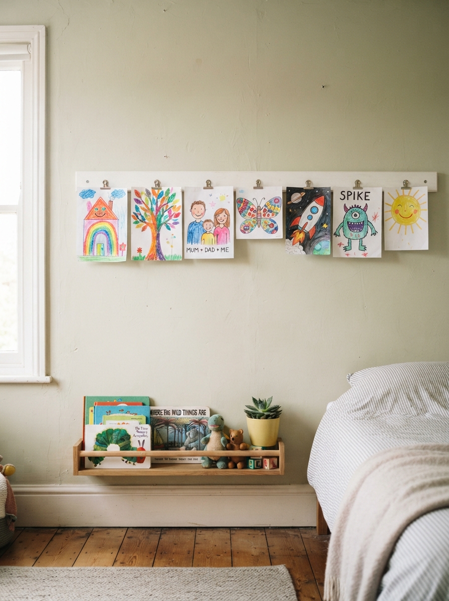 Clip rail displaying kids' art