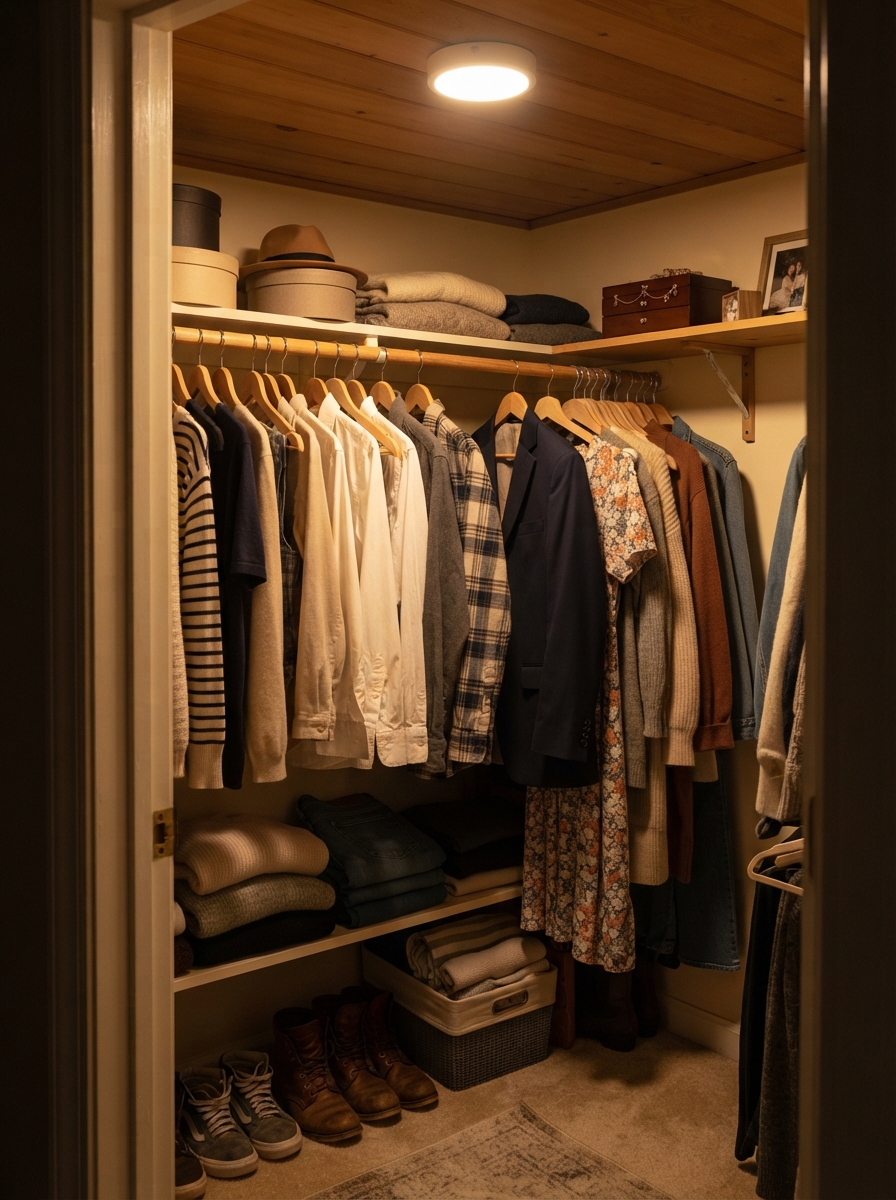Closet interior lit by warm LED light