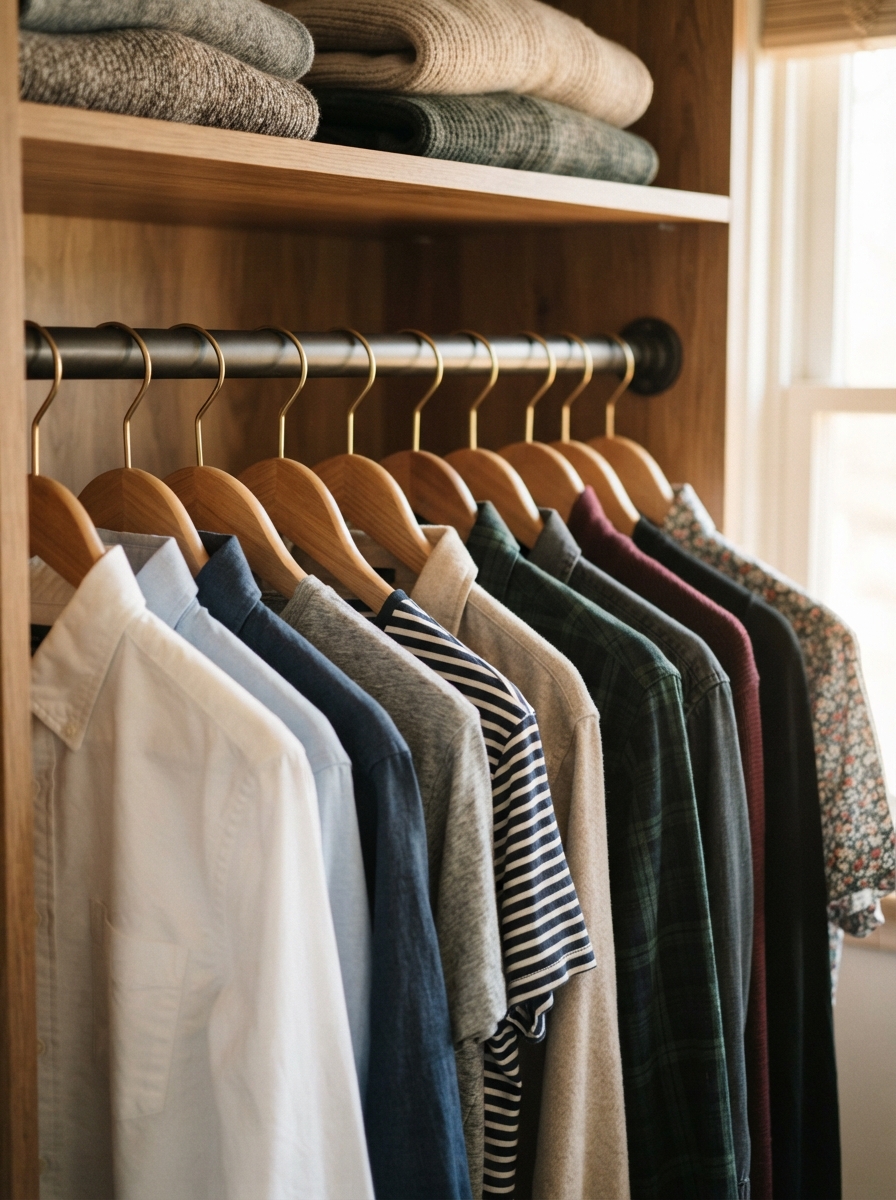 Closet rod lined with matching wood hangers