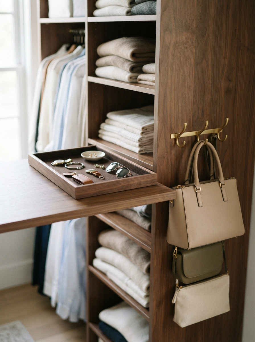 Closet shelf with tray for accessories