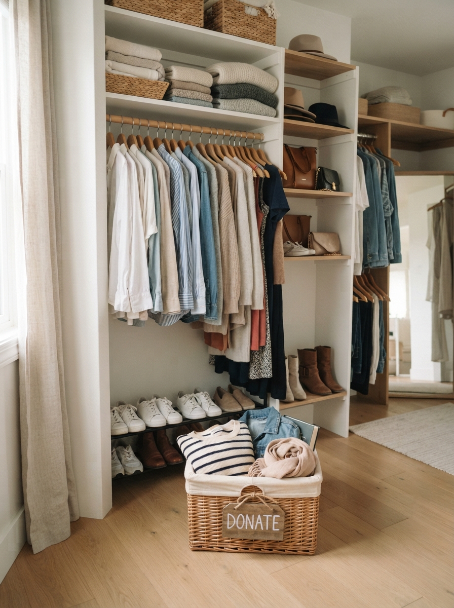 Tidy closet with a donate basket on the floor