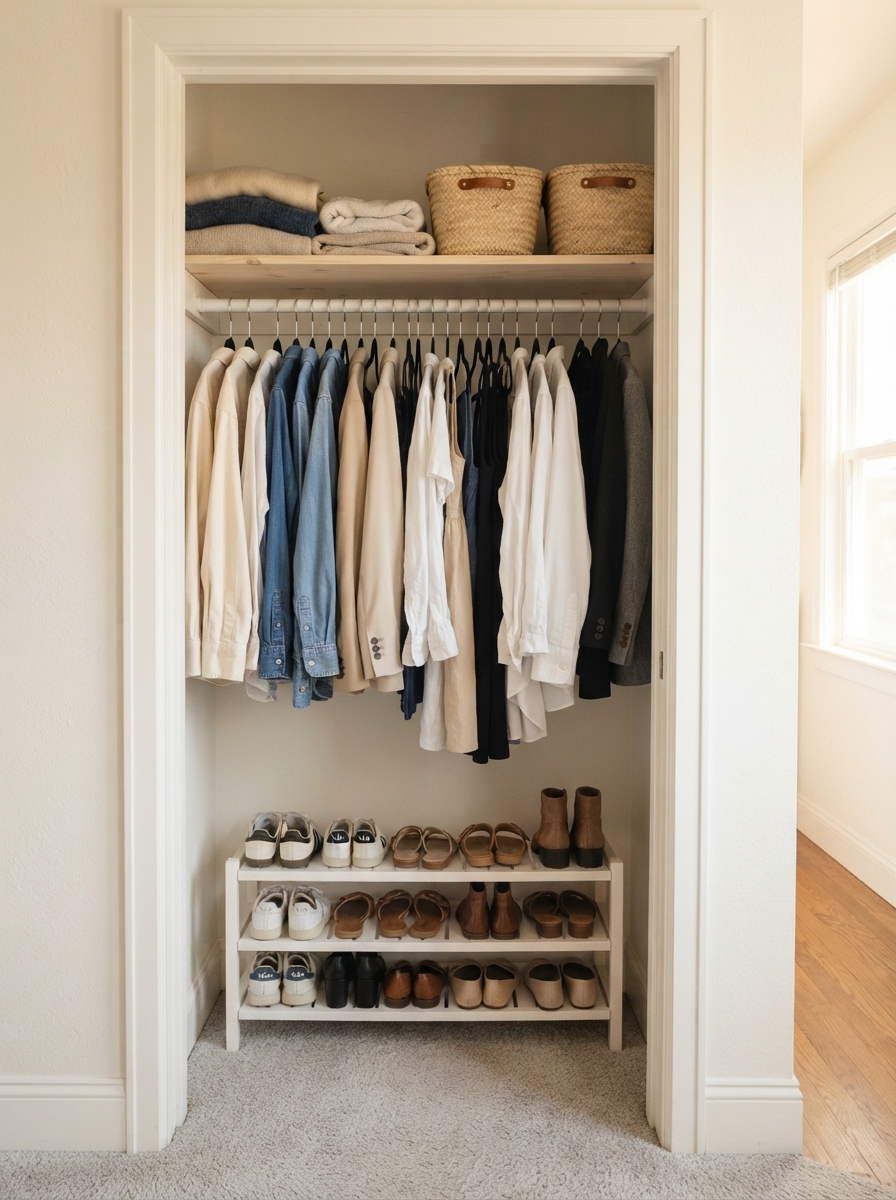 Small reach-in closet with hangers and shoe rack