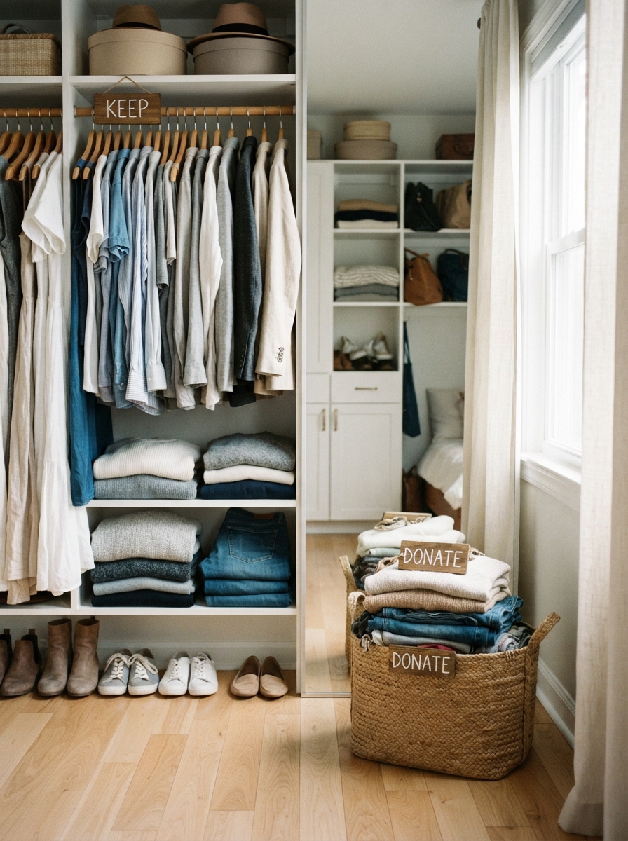 Closet edited into keep and donate sections