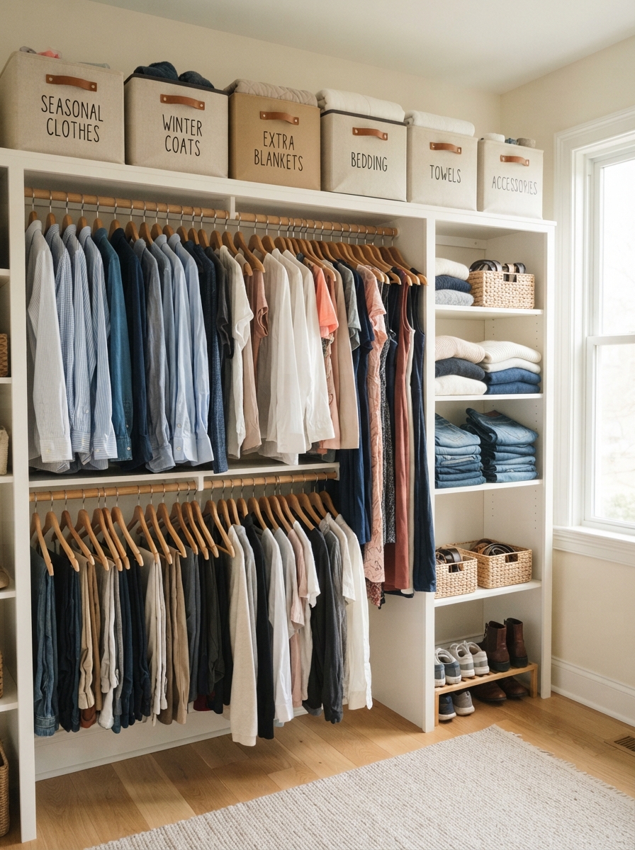 Closet with double hang rods and storage boxes