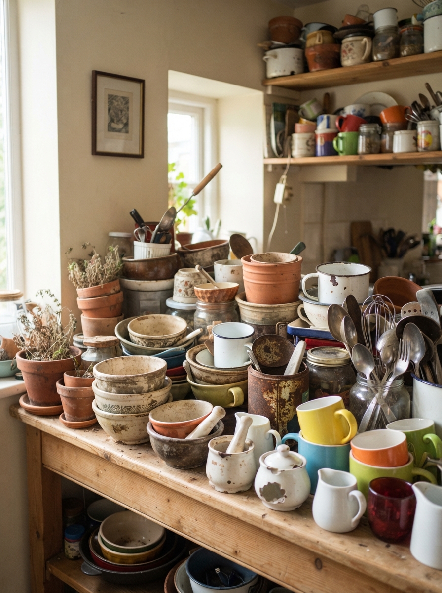 Cluttered shelf with too many mismatched pots