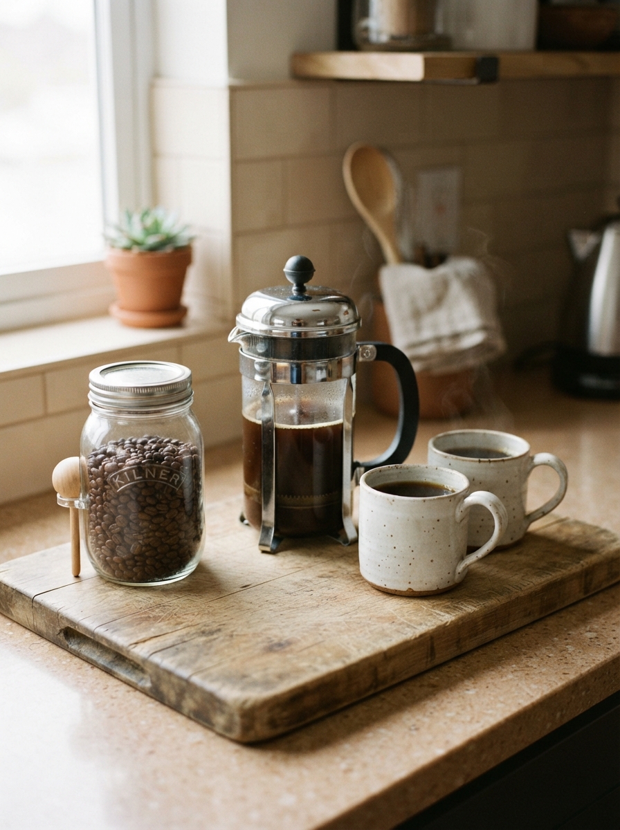 Coffee station on chopping board
