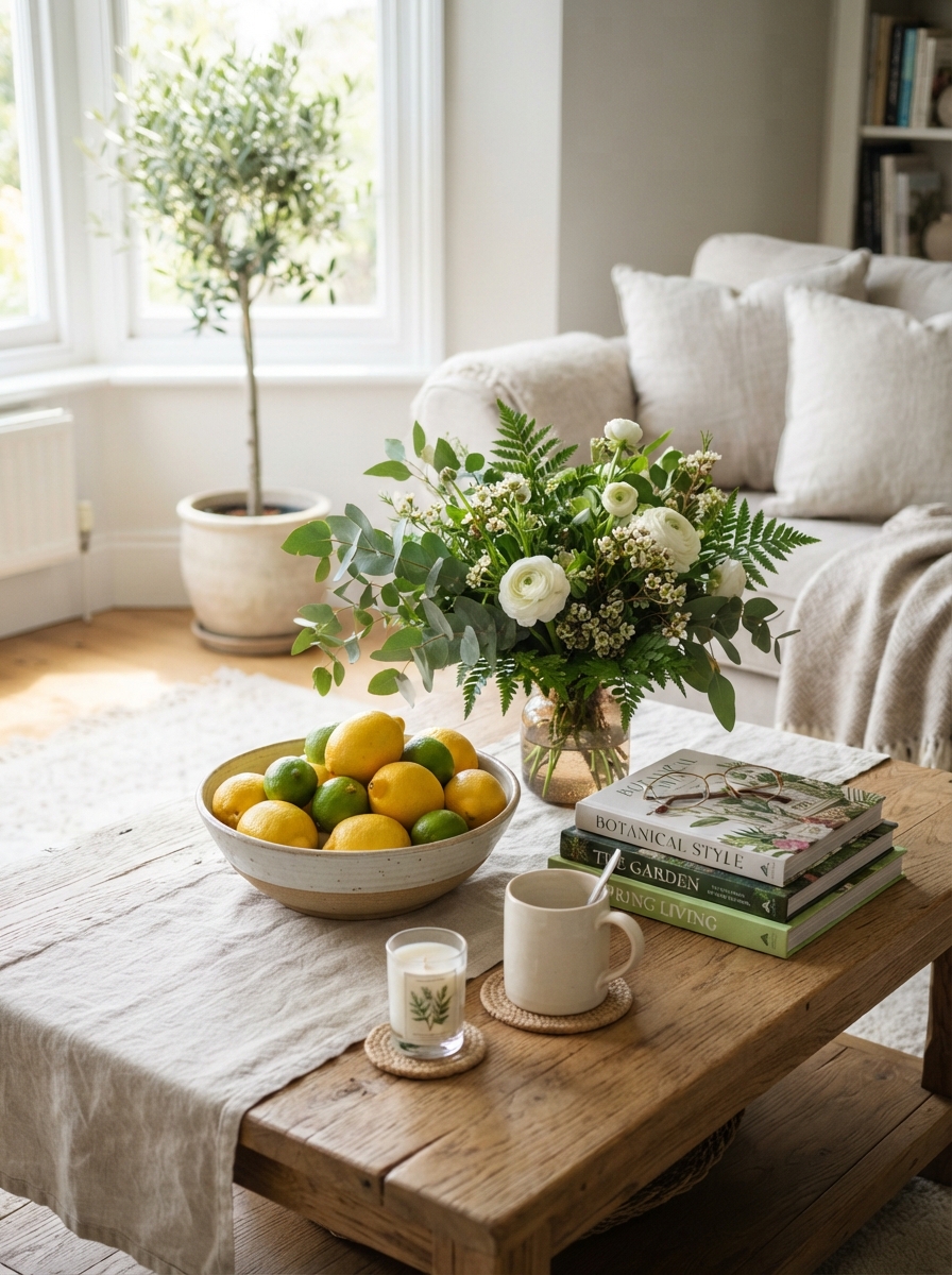 Coffee table styled with fresh greenery and citrus