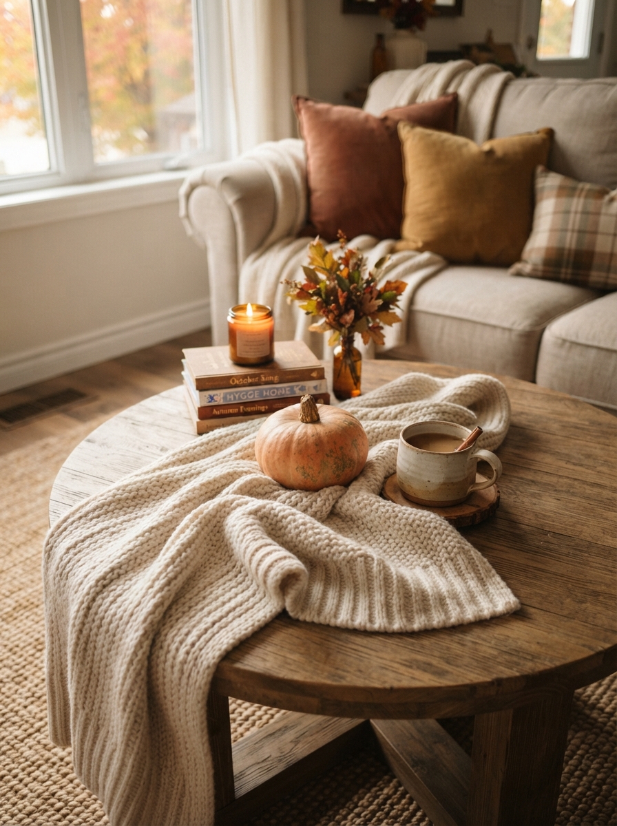 Coffee table styled with a cozy knit throw for fall