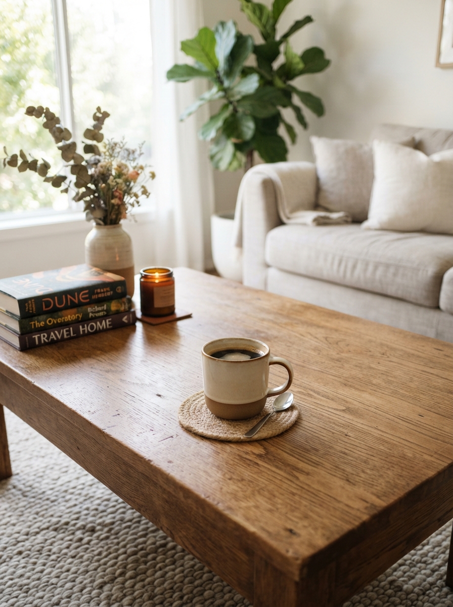 Coffee table styled with open space for a mug