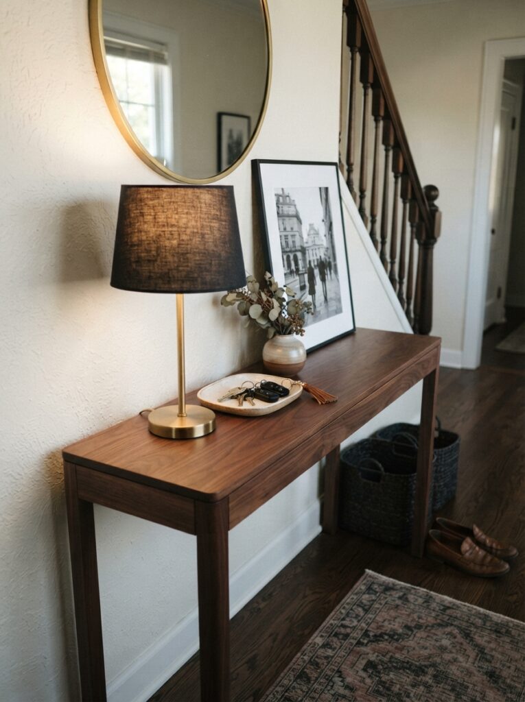 slim dark walnut console table in an entryway with a brass lamp and framed art leaned against the wall