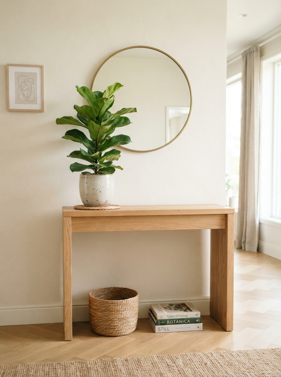 Console table styled with a single well-placed plant