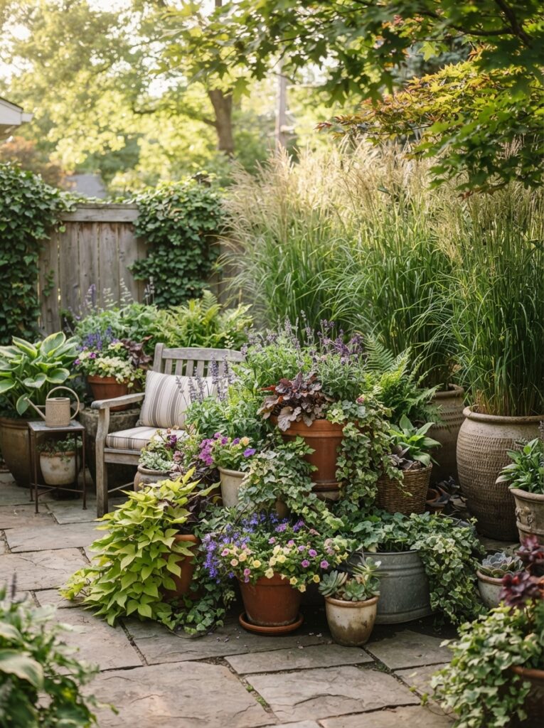container garden on a patio with grouped pots of different sizes and trailing vines
