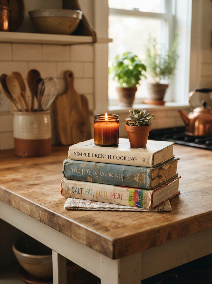 Cookbooks on kitchen island