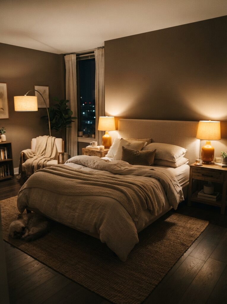 cozy bedroom at night lit by warm amber bedside lamps and a soft floor lamp with no overhead light