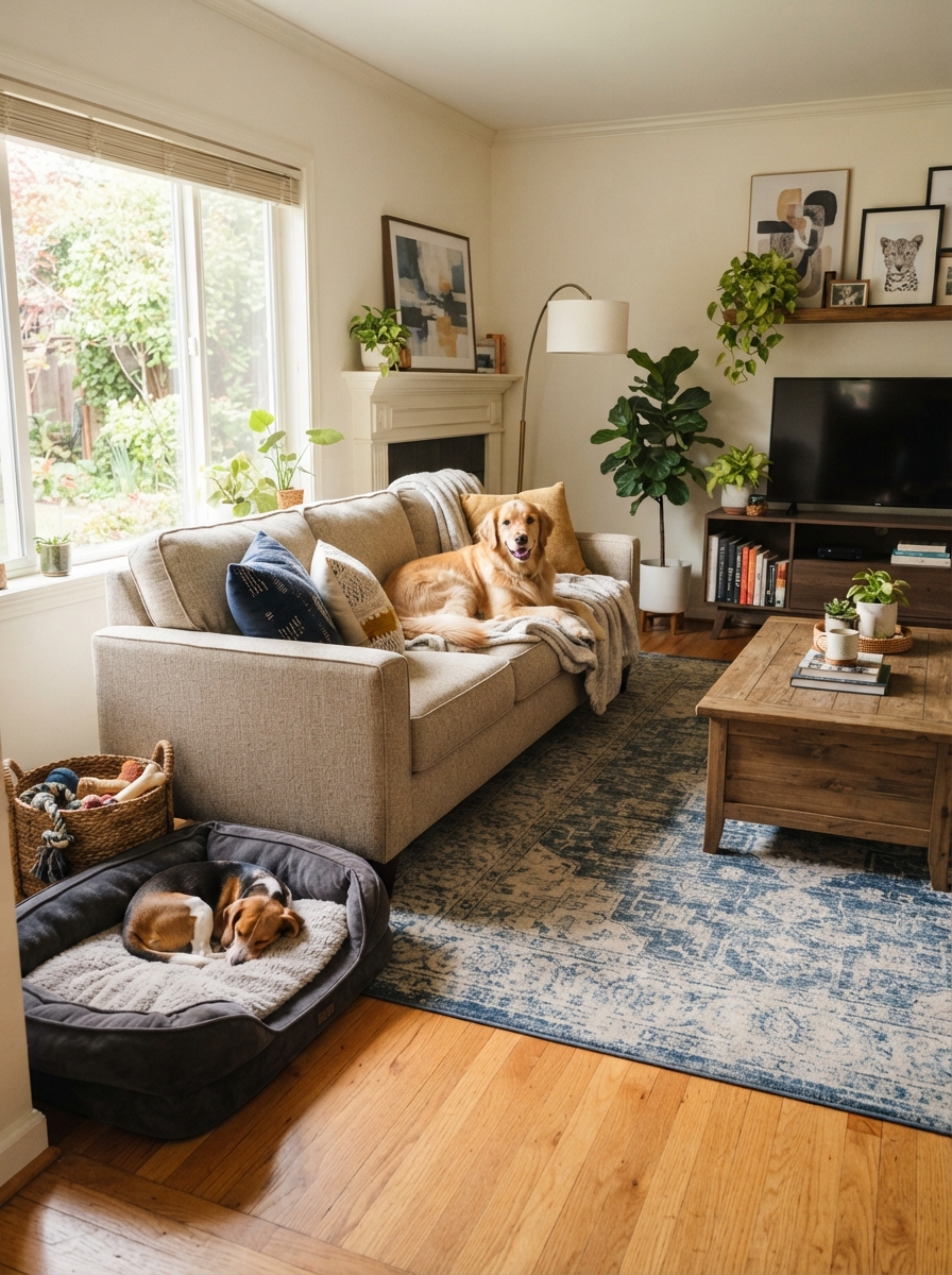 Cozy pet-friendly living room with durable fabrics and a dog