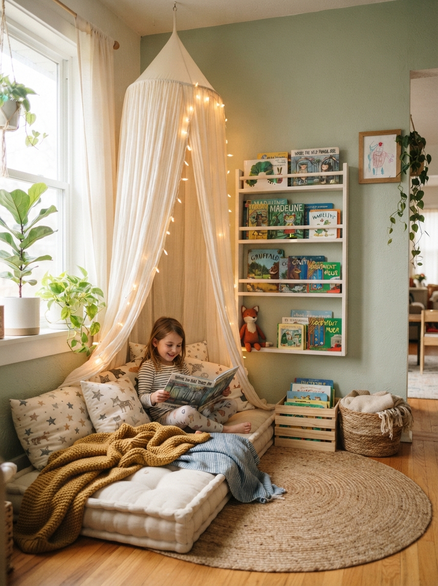 Cozy reading nook with canopy