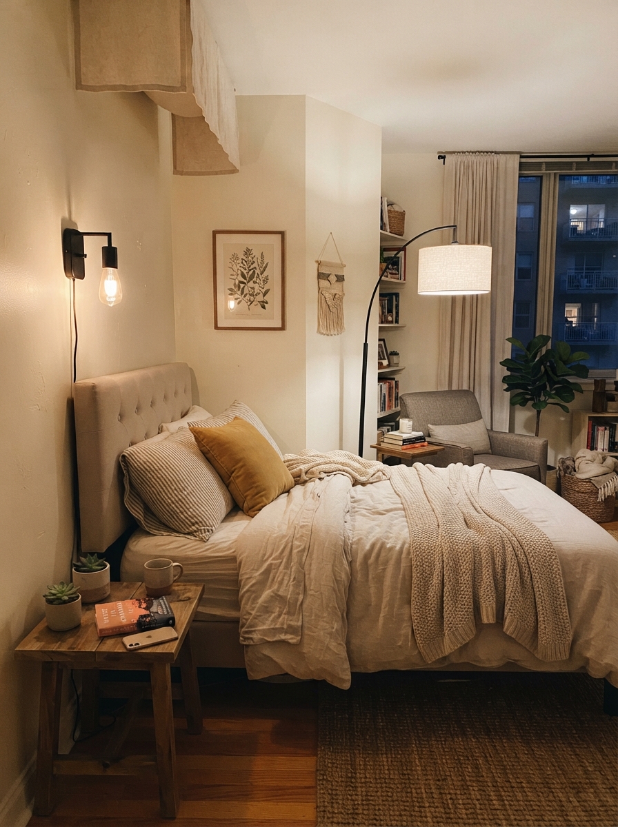 Cozy rental bedroom corner with plug-in wall sconce and arc floor lamp