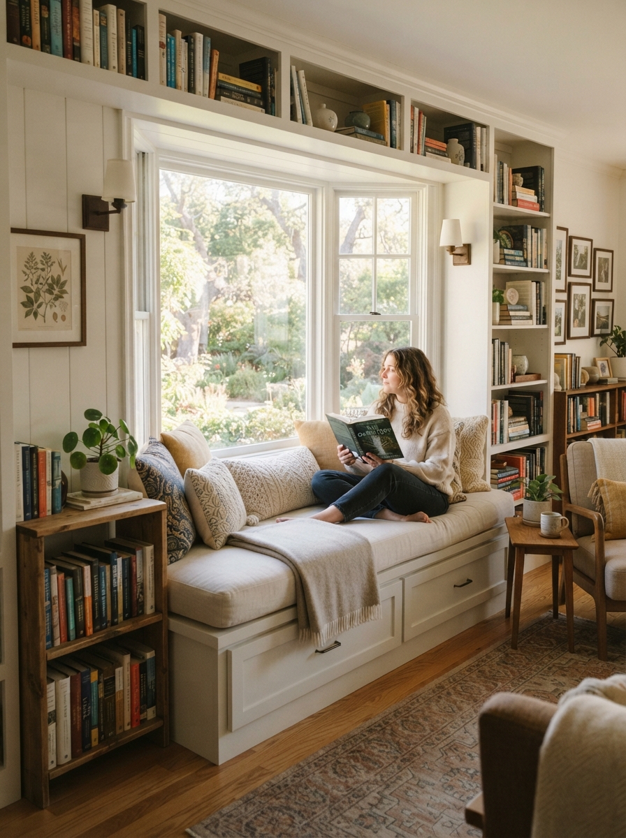 Cozy window seat reading nook