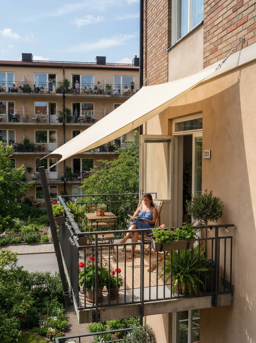 Cream shade sail over balcony