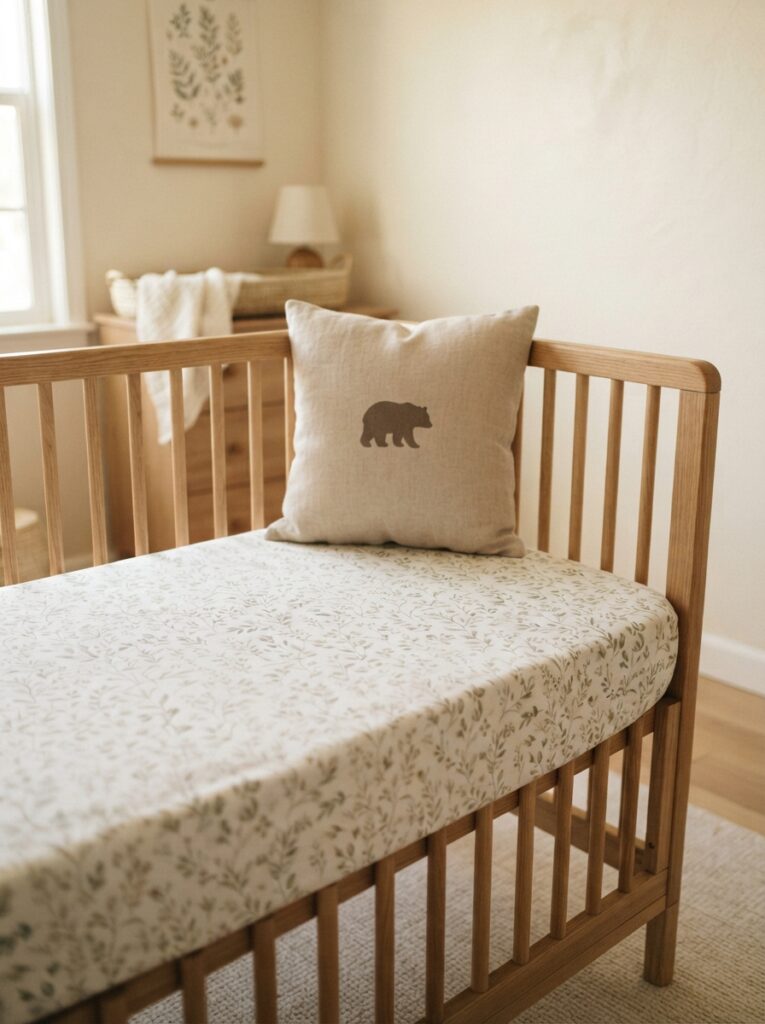 Crib with botanical print sheet and accent pillow