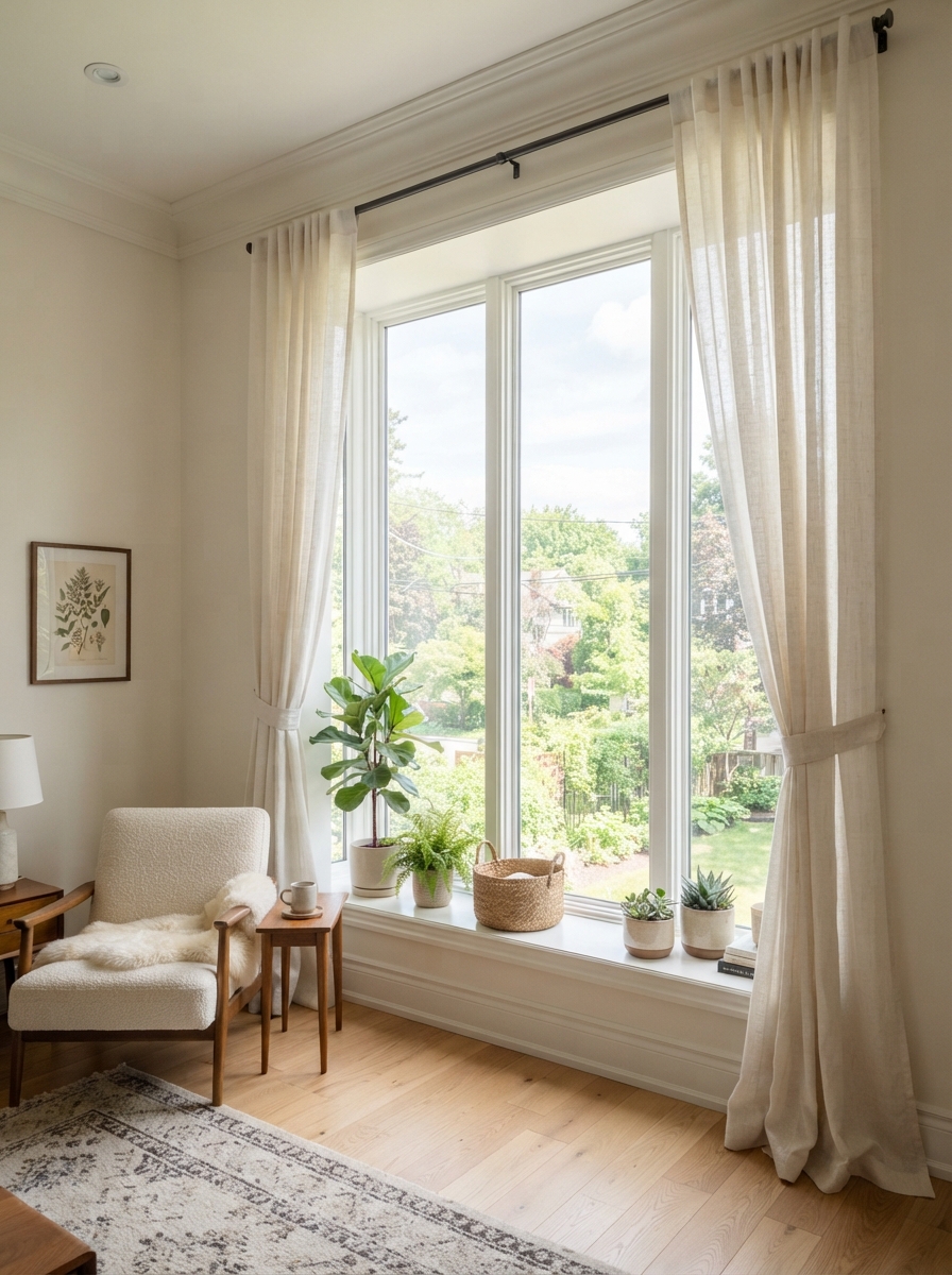 Curtains mounted close to the ceiling on a wide rod