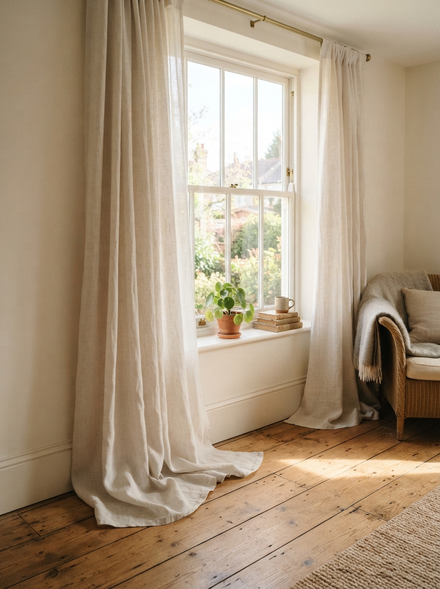 Curtains gently puddling on a wood floor