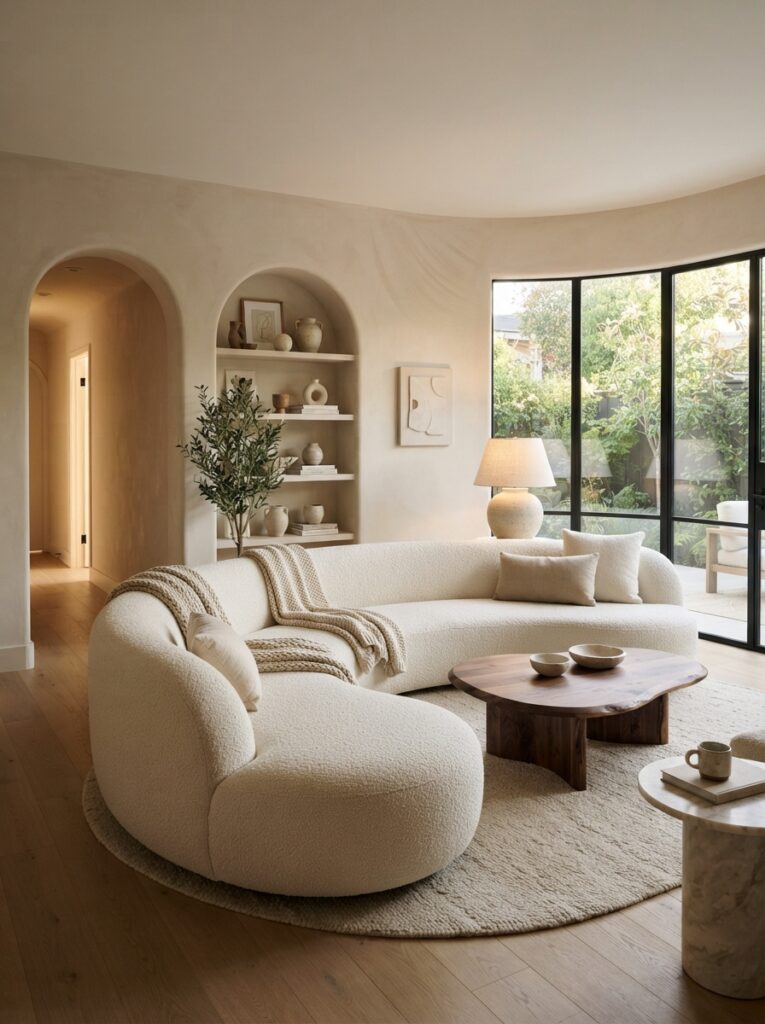 curved organic furniture in an uncluttered warm minimalist room