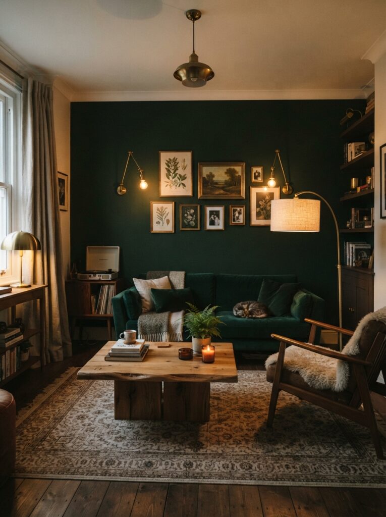 dark accent wall creating a moody, intimate living space