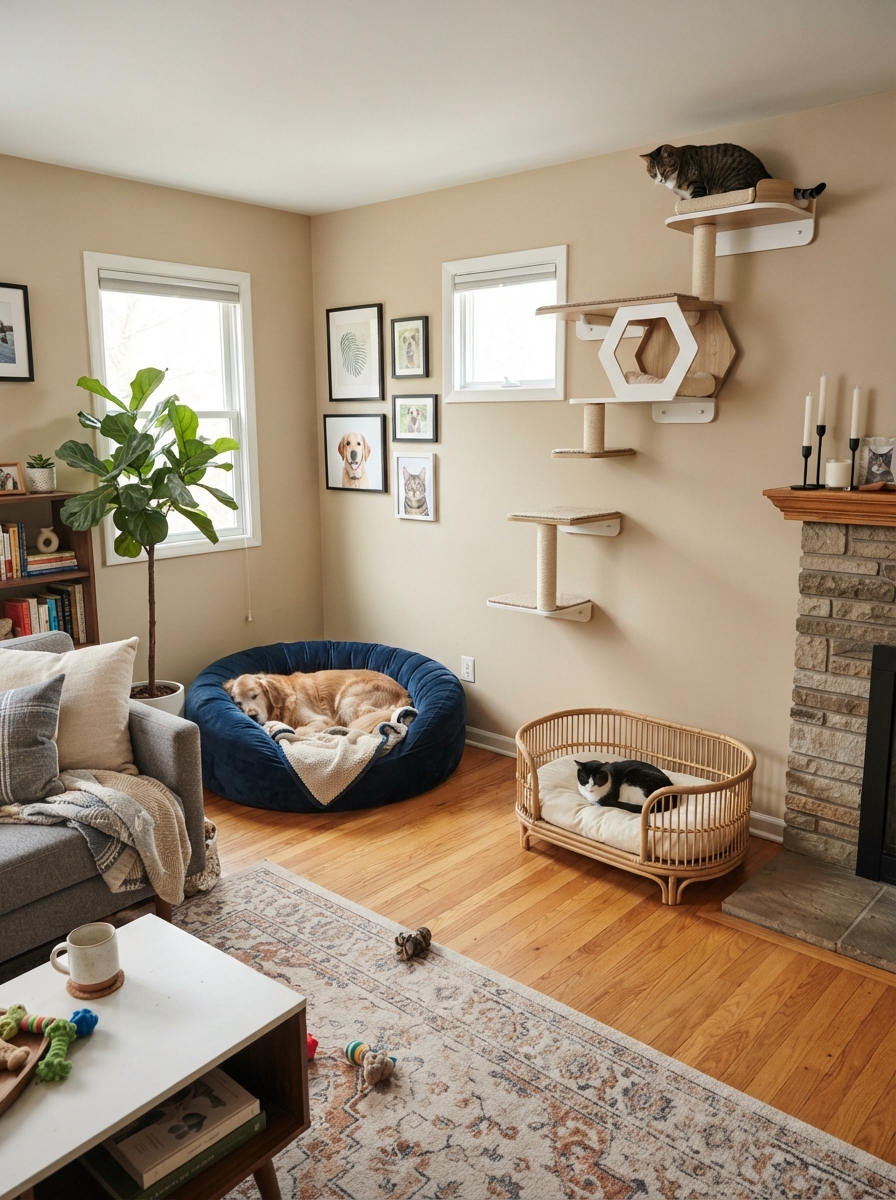 Multi-pet household with separated feeding and resting zones