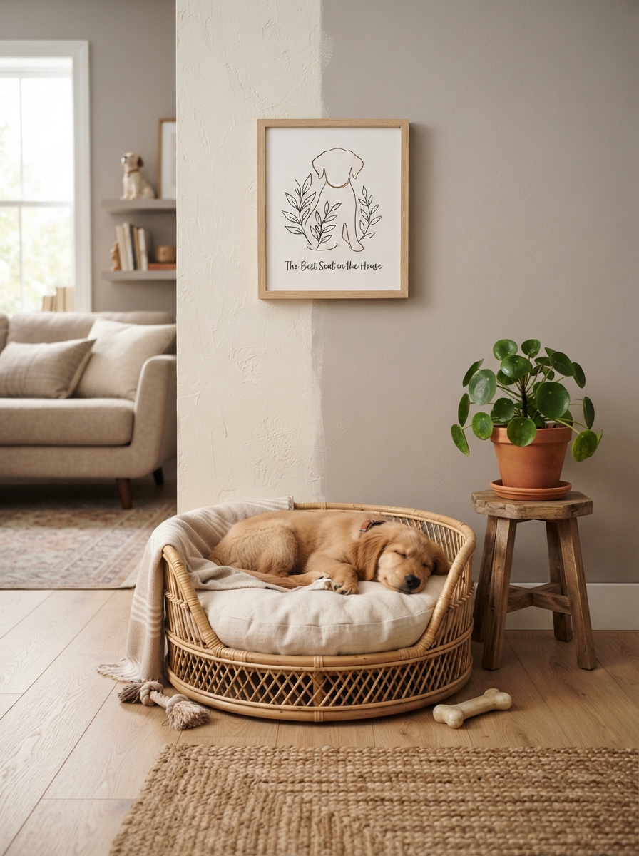 Dedicated pet zone nook styled with a bed, basket, and plant