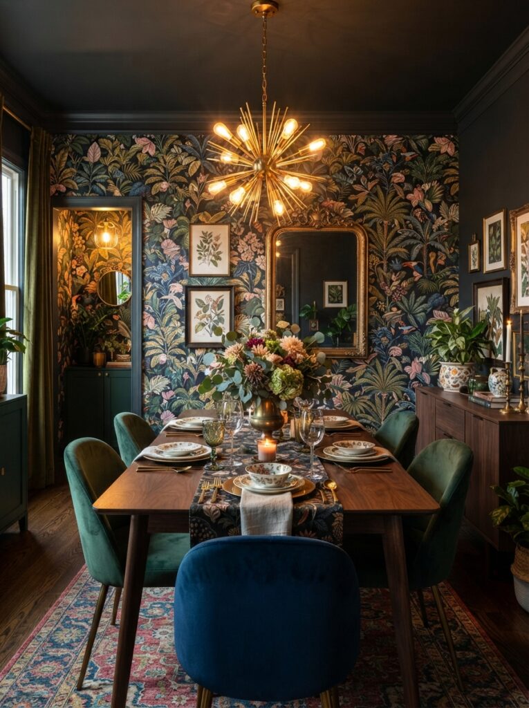 Dining room with a bold botanical wallpaper accent wall