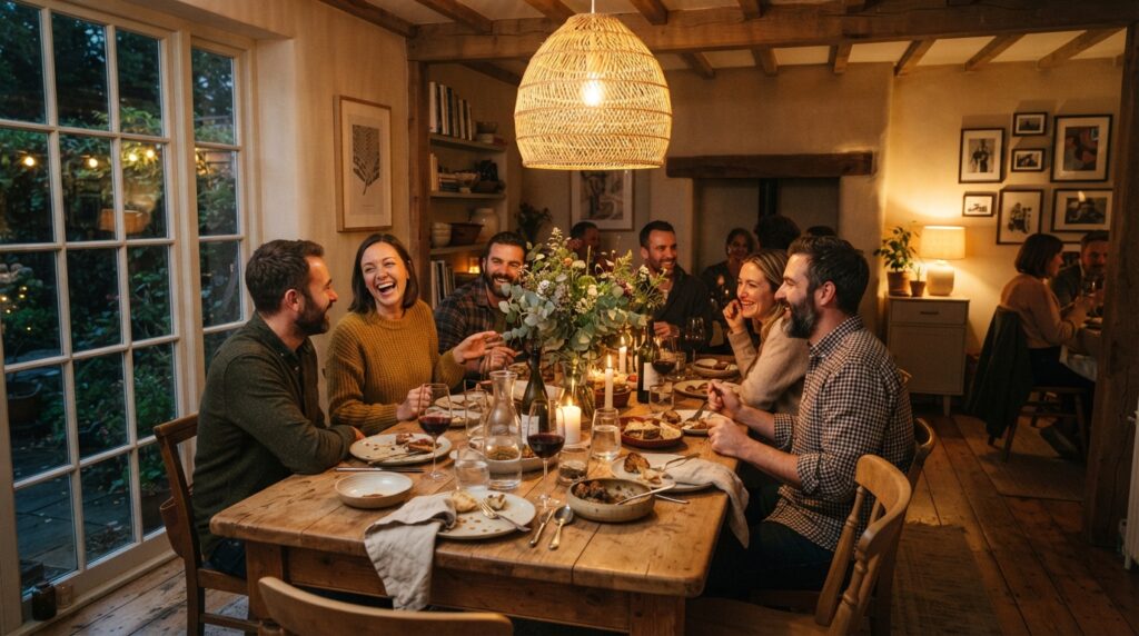 warm dining room captured mid-gathering with guests seated at the table