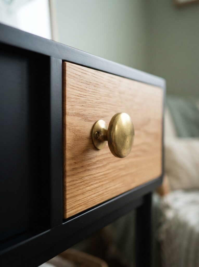 Brass drawer hardware on natural wood