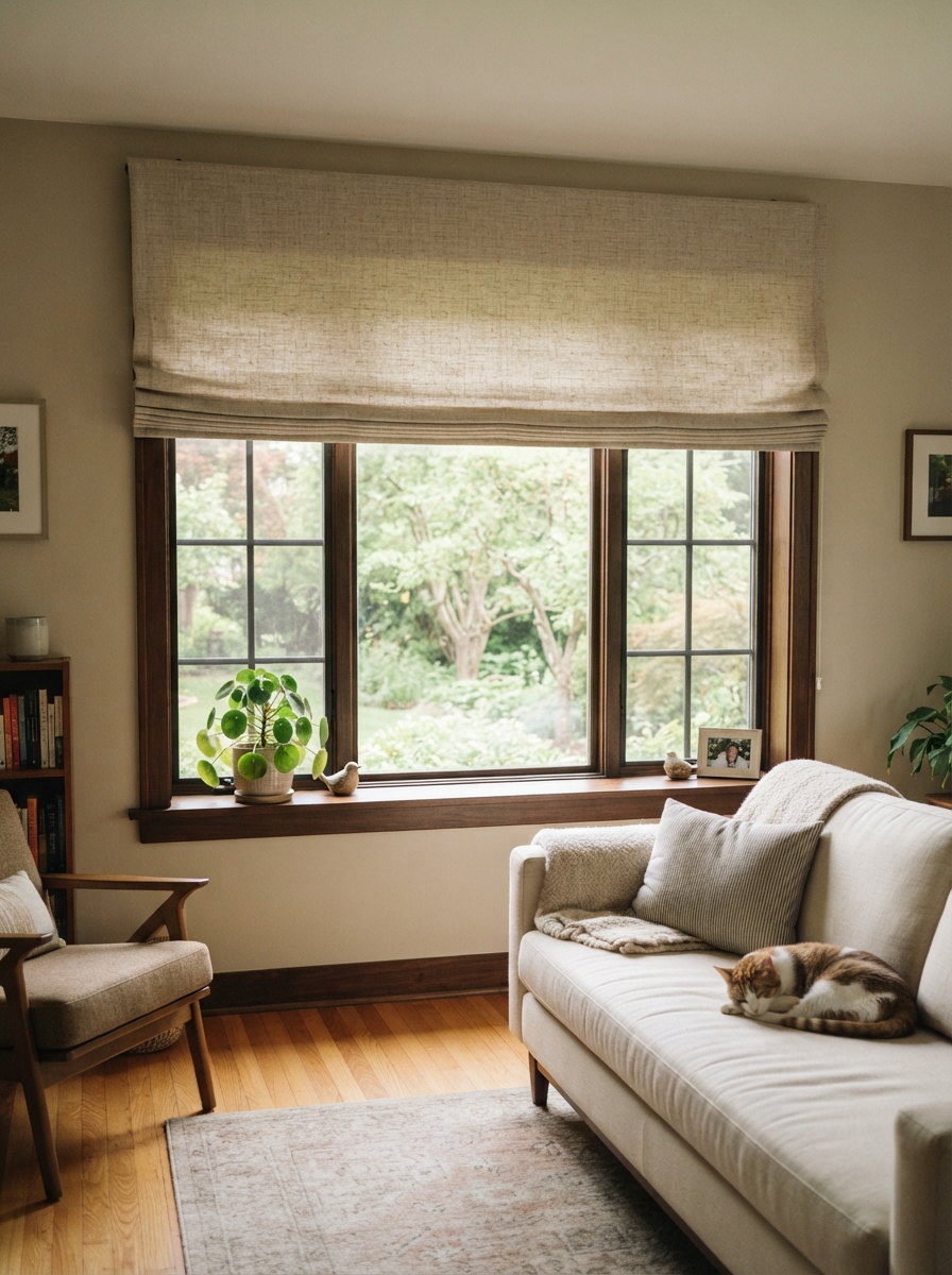 Durable window treatments in a living room with a cat nearby