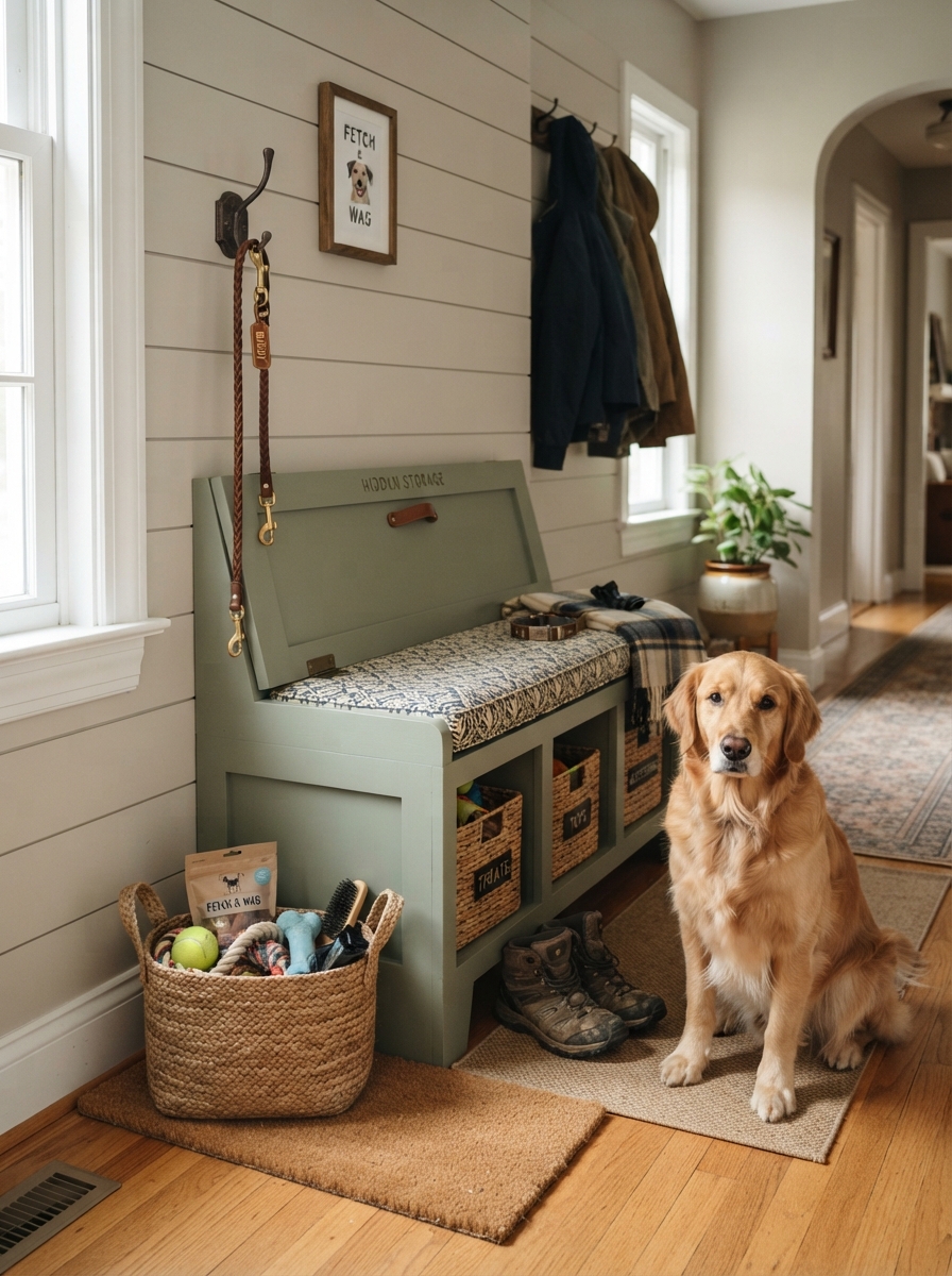 Entryway bench with hidden storage for pet supplies
