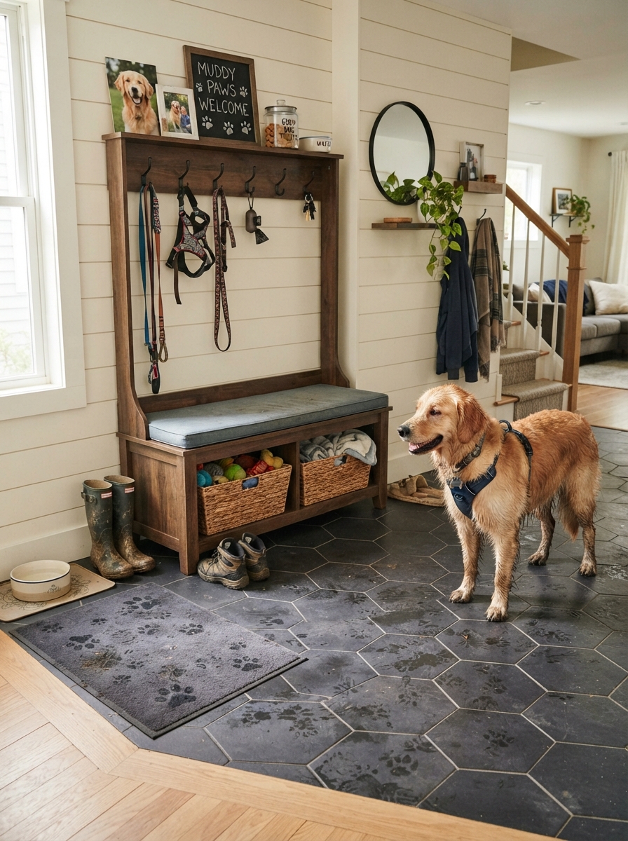 Entryway storage bench with hooks for leashes and walking gear