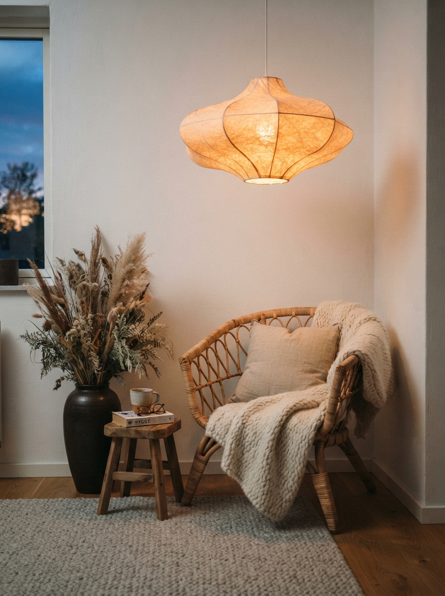 Scandinavian entryway with sculptural pendant lamp and rattan chair
