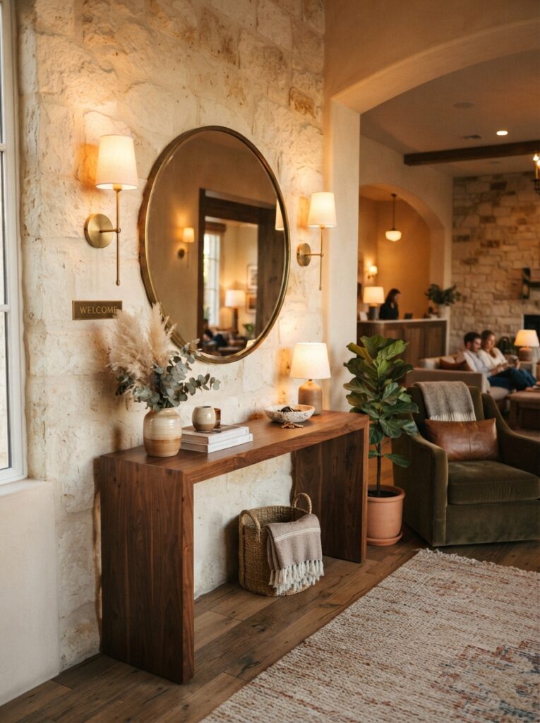 entryway lit by warm plug-in wall sconces flanking a round mirror
