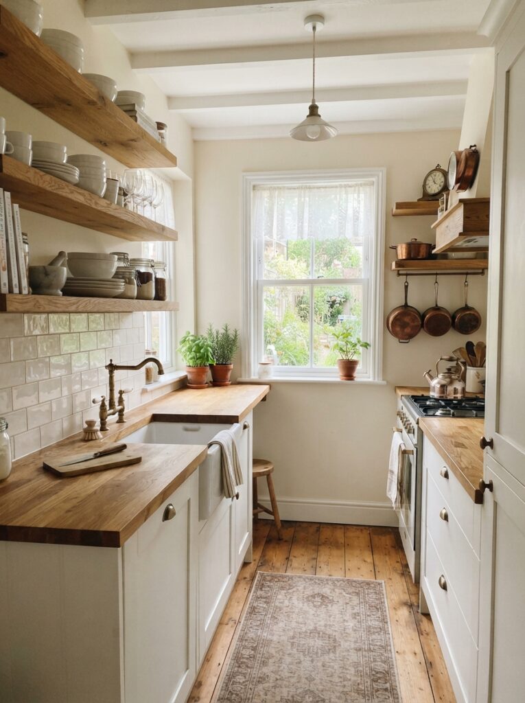 small farmhouse-style galley kitchen with white cabinets open wood shelving and a compact apron sink