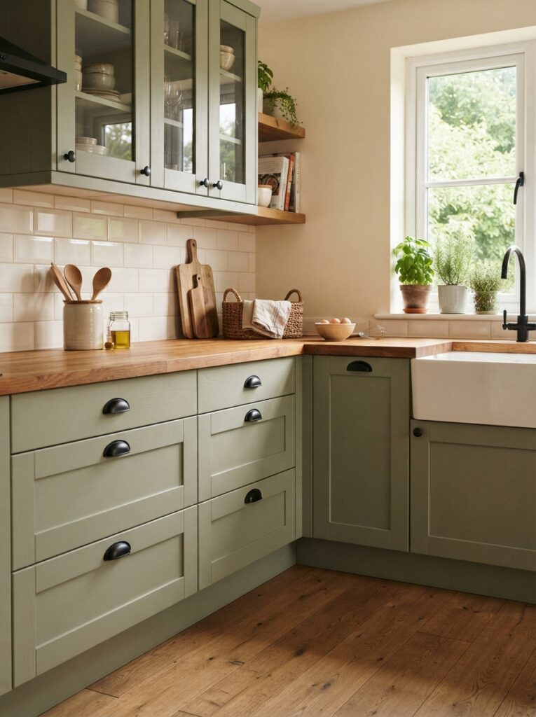 farmhouse kitchen cabinets in sage green with black cup-pull hardware and a warm wood countertop