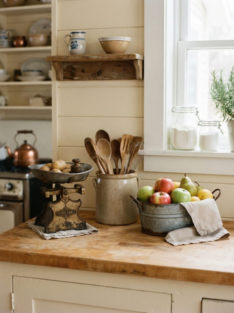 farmhouse kitchen counter styled with vintage collected pieces including an antique scale and a crock of wooden spoons