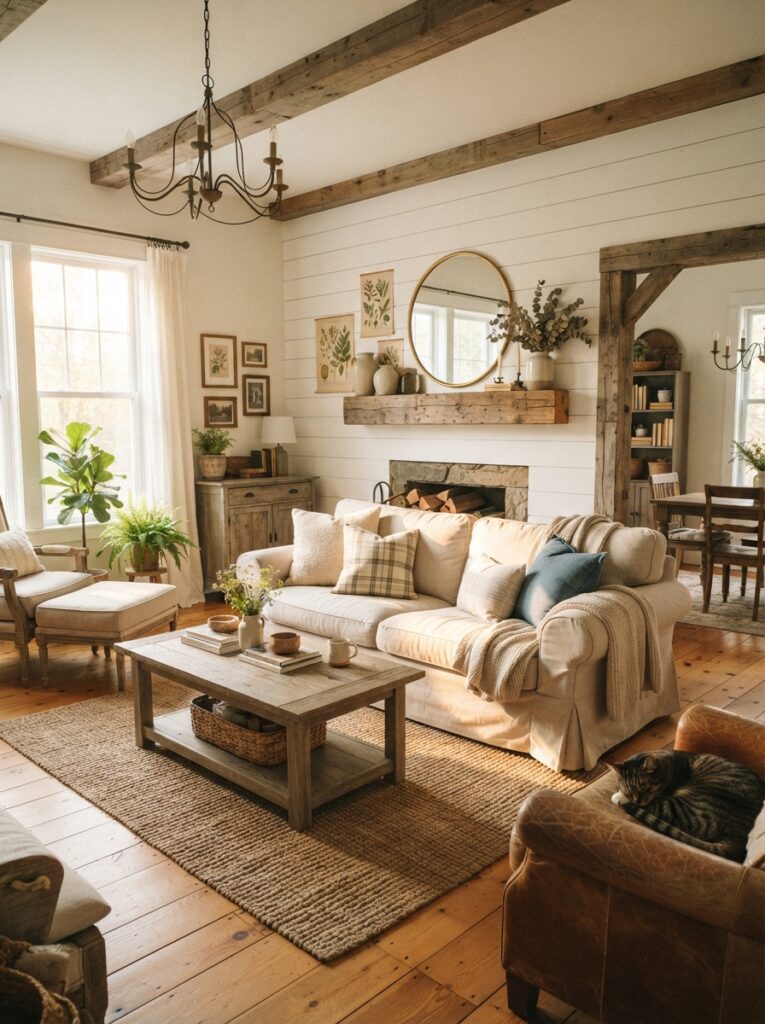 Farmhouse living room with white shiplap accent wall behind the sofa