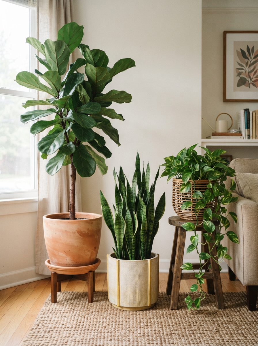 Tall fiddle-leaf fig beside a medium snake plant and trailing pothos