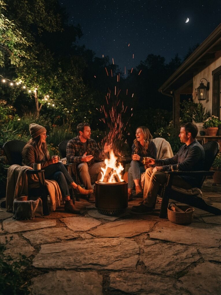 small portable fire pit glowing at night on a patio with chairs pulled around it